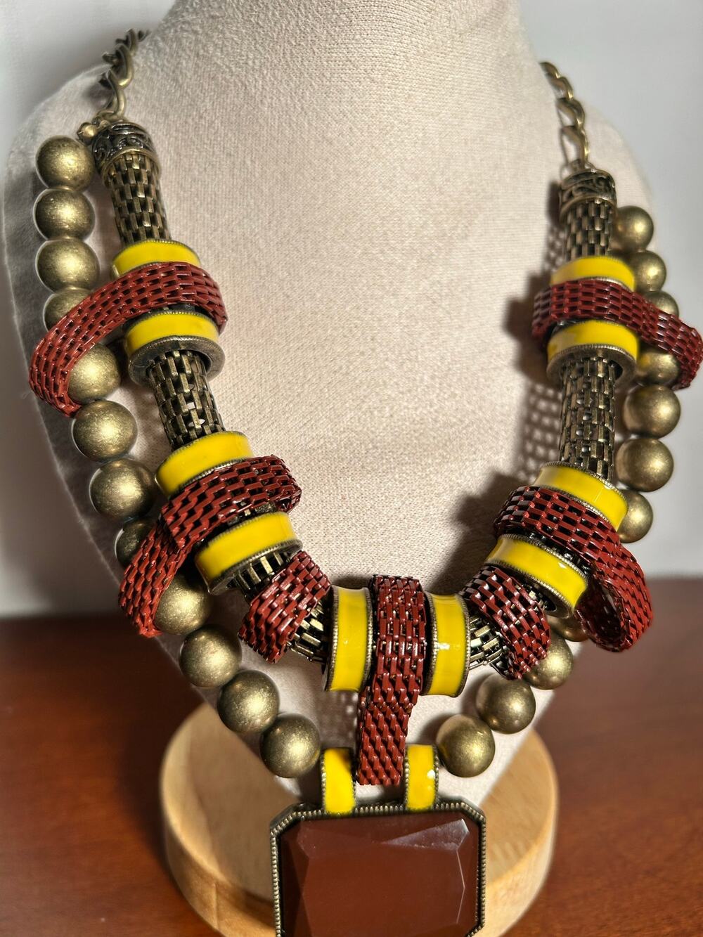 Chunky Multi Strand Statement Necklace Brown Rectangular Pendant Gold Bali Beads